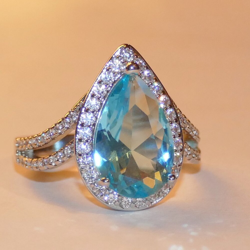 925 Blue Topaz CZ Halo Split Pave Cocktail/Statement Ring